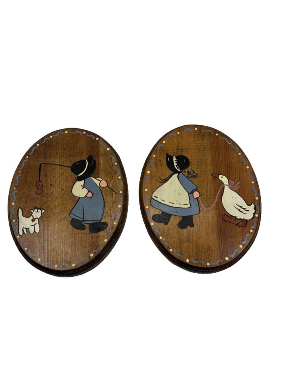 Vintage Folk Art Wood Wall Plaques Dutch Girl Goose Cat 80s 90s Grandma Core